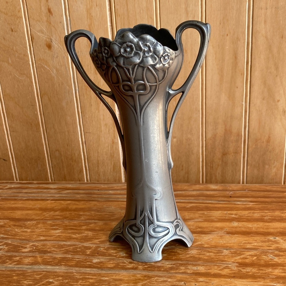 Art Nouveau Pewter-Style Two-Handled Floral Vase - Gray